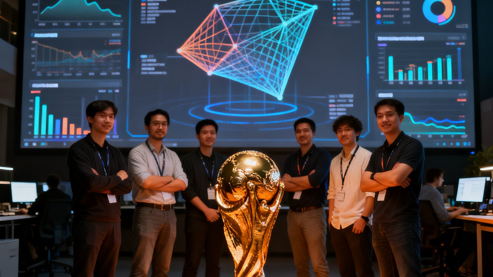 FootIQ团队合影，数据工程师和分析师围绕世界杯奖杯，背后大屏显示实时数据模型
