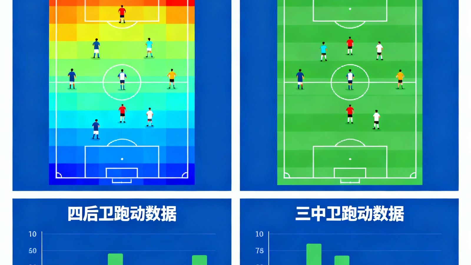 战术分析文章，对比四后卫与三中卫体系，配以热力图和跑动数据